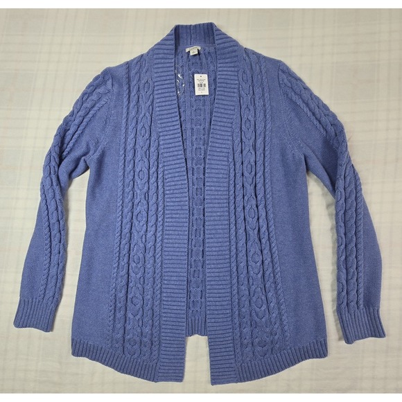 L.L. Bean Sweaters - LL Bean Womens Double L Cable Knit Open Cardigan Sweater Long Blue Heather L NWT